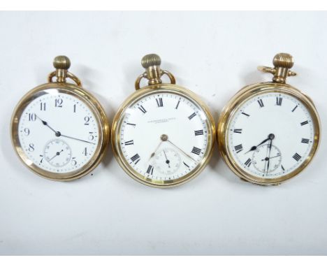 THREE HALF CASE ROLLED GOLD GENT'S POCKET WATCHES, all with white enamel dial and Roman numerals