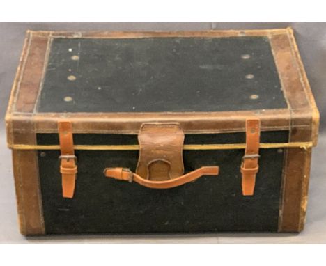 VINTAGE LEATHER BANDED TRUNK with interior tray, 35cms H, 69cms W, 48cms D