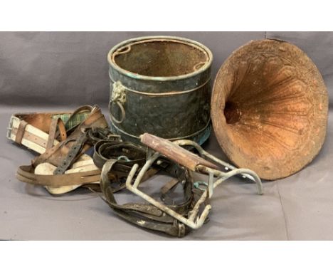 VINTAGE COPPERIZED LOG BUCKET/BIN and a fancy tin ware gramophone horn, the log bin with lion mask ring handles on paw feet (