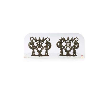  PAIR OF LURISTAN HORSE BIT CHEEK PIECES NEAR EAST, C. 1000 - 800 B.C. cast bronze, each depicting a pair of figures, wearing