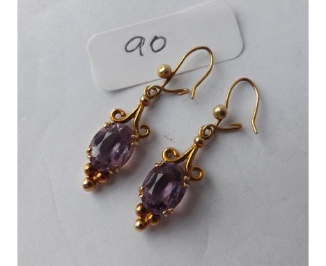 Pair antique 9ct amethyst drop earrings    