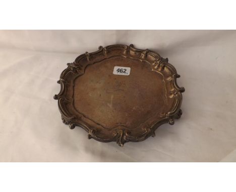 Good Victorian style waiter with heavy scroll edge crested centre raised on bracket feet 8.5" dia Sheff 1906   by M &amp; W 4