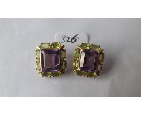 Pair 14ct gold large square amethyst ear clips with peridot borders 9.7g inc marked 'Art Elegance California'  