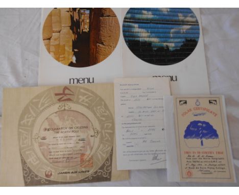 AVIATION EPHEMERA   Passenger Advice leaflet,   1947, 1963 Japan Air Lines certificate crossing N.Pole,   &amp; 3 others (5) 