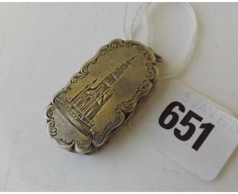An interesting Victorian vinaigrette rounded outline engraved with an architectural scene 1.25" long B'ham   1863 by FM      