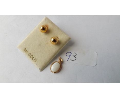 Pair 9ct ball ear studs and a small gold opal pendant   