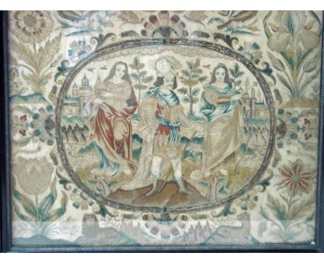 A Charles II raised Needlework Portrait of a family group in a landscape set within a central oval, the border illustrated wi