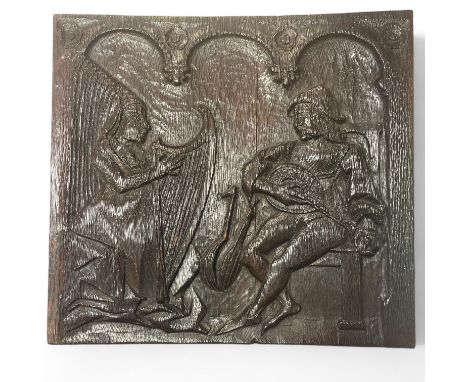 An antique carved oak panel. lady playing the harp and a man playing a lute 34cm x 2cm x 32cm&nbsp;