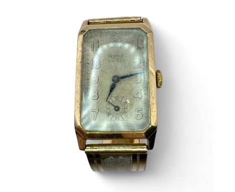A 9ct gold cased Art Deco Rone 16 jewel wrist watch. Featuring a "9ct back and front belt style bracelet. With a rectangular 