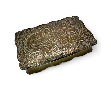 A silver snuff box. With a presentation engraving for the Royal Antediluvian Order of Buffalos.  Marked for Joseph Gloster, B