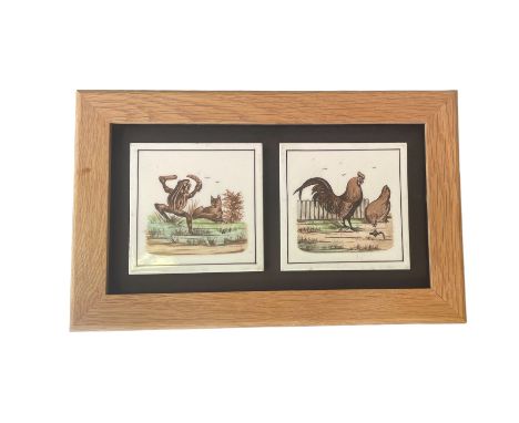 ***AWAY***
A pair of 'Aesop Fable Style'
Minton Tiles framed - one the Fox &amp; the Frog with two chickens
The other a singl