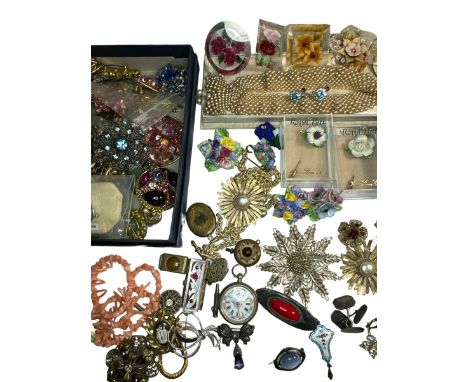 A collection of costume jewellery to include 65 brooches (including a Ruskin style pewter Arts &amp; Crafts&nbsp; brooch) and