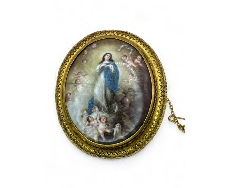 A Victorian yellow metal brooch set with an enamel plaque after the Immaculate Conception by Giovanni Battista Tiepolo. The m