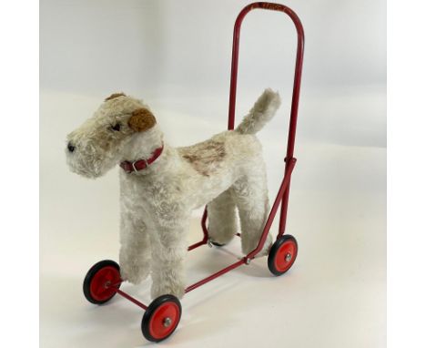 Vintage Nylena Push Along terrier on red frame 'Aka Patch' - some chips to handle.