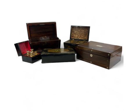 Collection of 5 19th Century Wooden Boxes consisting of  -Rosewood Sarcophagus tea caddy, 32.5cm wide -Penwork decorated tea 