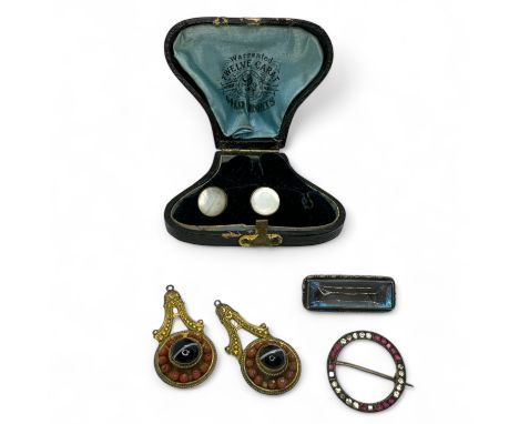 A group of antique costume jewellery comprising a pair of Archaeological revival style earring pendants, without ear findings