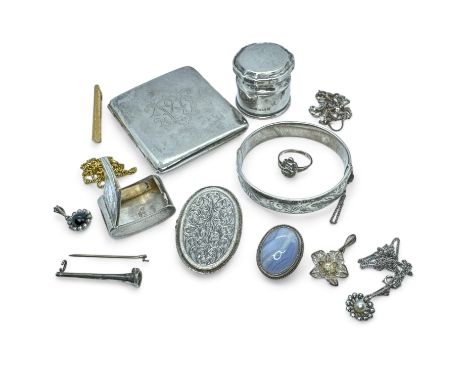 A collection of silver to include a cigarette case, snuff box, hinged bangle, a blue lace agate brooch and other items. Total