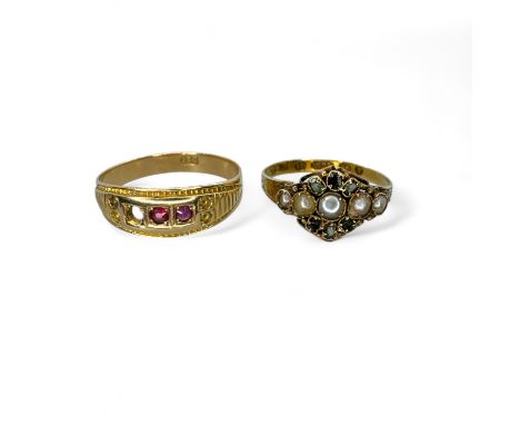 A 15ct gold seed pearl and green backed paste panel ring, together with another ruby set ring (one stone missing), stamped "1