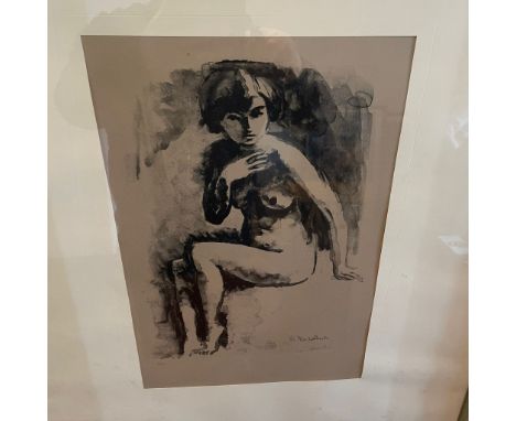 M Asselin 20th Century signed print, female nude sitting. Numbered 84/100 Frame measures approximately 67cm high by 52cm wide