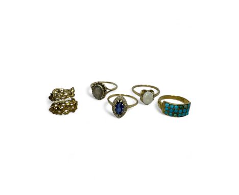 A collection of 18ct and 9ct gold jewellery. Comprising an 18ct gold turquoise set ring, size N; an 18ct gold synthetic sapph