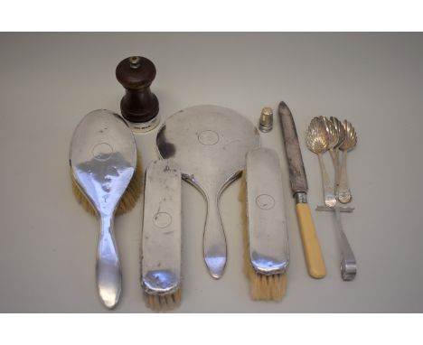 A silver mounted pepper grinder; together with other silver and silver plated items. 