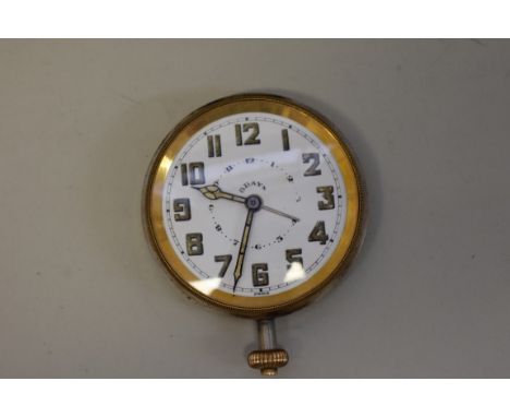 A vintage 8 day cockpit or motor alarm clock,&nbsp;stem wind, having 5cm white enamel dial with luminous numerals and hands. 