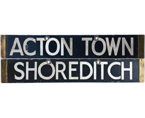 London Underground Q/CO/CP Stock enamel DESTINATION PLATE for Acton Town/Shoreditch on the District/East London Line. Double-