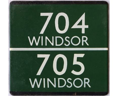 London Transport coach stop enamel E-PLATE for Green Line routes 704 and 705 destinated Windsor in each case (so good, they n