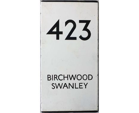 London Transport bus stop enamel E-PLATE for route 423 destinated Birchwood, Swanley. A double-vertical plate of the type gen