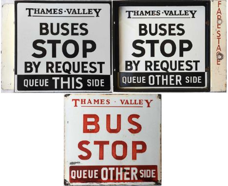 Pair of Thames Valley 1950s/60s enamel BUS STOP FLAGS, the first 'By Request', a double-sided, fully-flanged flag (16" x 15" 
