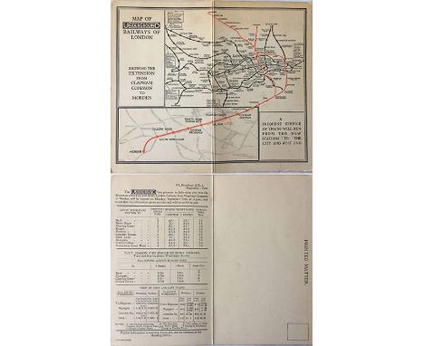 1926 card MAP OF THE UNDERGROUND RAILWAYS OF LONDON by F H Stingemore 'showing the extension from Clapham Common to Morden'. 