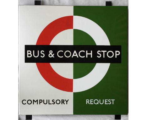 1950s/60s London Transport enamel BUS & COACH STOP SIGN (Bus 'Compulsory', Coach 'Request') from a 'Keston' wooden bus shelte