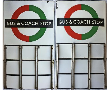 London Transport enamel BUS & COACH STOP FLAG (compulsory). A 1950s/60s 'bullseye'-style, E9-size, double-sided 'boat'-type f