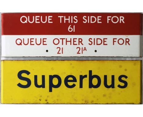Pair of London Transport bus stop enamel Q/G-PLATES comprising 'Queue this side/other side' for routes 61 and 21/21A (this wo