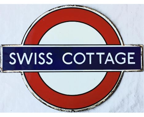 1930s London Underground enamel PLATFORM BULLSEYE SIGN from Swiss Cottage station on the Bakerloo (now Jubilee) Line. A small