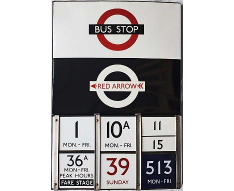 London Transport enamel BUS & RED ARROW STOP FLAG. A 1960s 'bullseye'-style, E6-size, double-sided 'boat'-type flag complete 