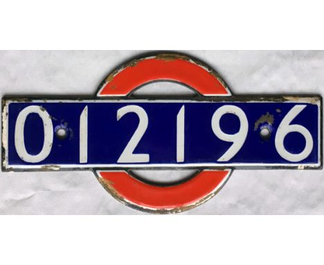 London Underground enamel STOCK-NUMBER PLATE from 1938-Tube Stock Trailer 012196. These plates were located inside, at the en