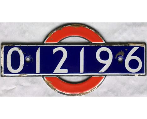 London Underground enamel STOCK-NUMBER PLATE from 1938-Tube Stock Trailer 012196. These plates were located inside, at the en