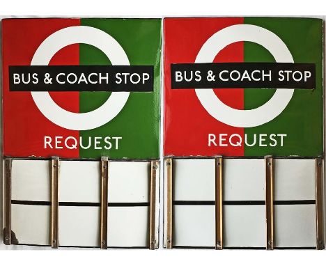 London Transport enamel BUS & COACH STOP FLAG (Request). A 1950s/60s 'bullseye'-style, E6-size, double-sided 'boat'-type flag