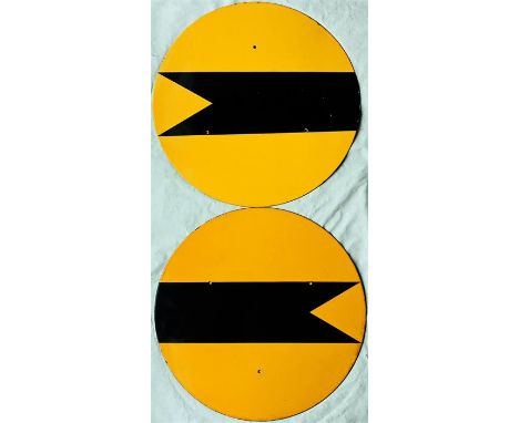 Pair of British Railways enamel banner SIGNAL REPEATER DISCS with a black fishtailed banner on a yellow background. Signs mea