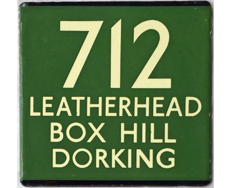 London Transport coach stop enamel E-PLATE for Green Line route 712 destinated Leatherhead, Box Hill, Dorking. Likely to have