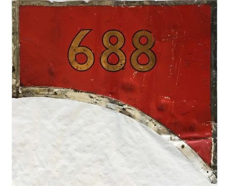 Aluminium BODY PANEL from 1937 London Transport F1-class trolleybus 688 containing the fleetnumber. This is the nearside pane