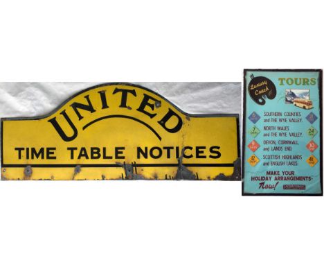 United Automobile Services ENAMEL SIGN 'Time Table Notices', approx 1930s/40s, measures 37" x 15" (94cm x 38cm), in used cond