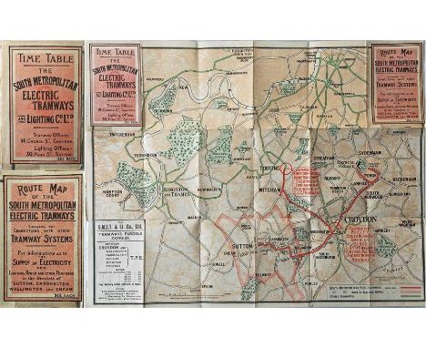 Early 20th century South Metropolitan Electric Tramways & Lighting Co Ltd ROUTE MAP & TIMETABLE. Pocket-sized, opens out to 1