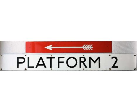 London Underground enamel STATION SIGNS comprising a directional arrow in 1920s/30s style with 4 feathered flights, white on 