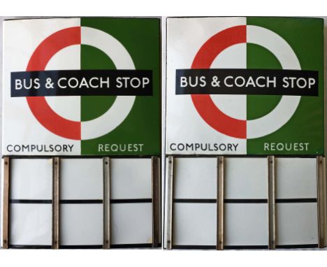 London Transport enamel BUS & COACH STOP FLAG (compulsory). A 1950s/60s 'bullseye'-style, E6-size, double-sided 'boat'-type f