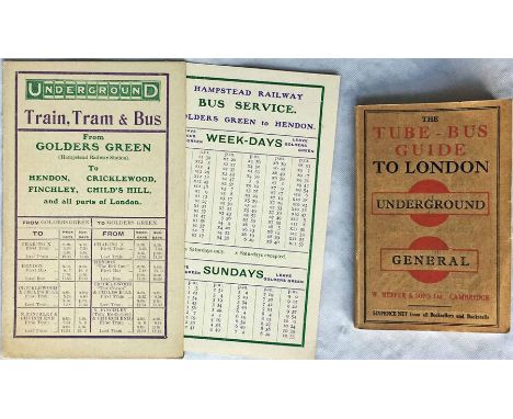 1910 London Underground fold-out CARD LEAFLET 'Train, Bus & Tram from Golders Green', featuring an early use of the Undergrou