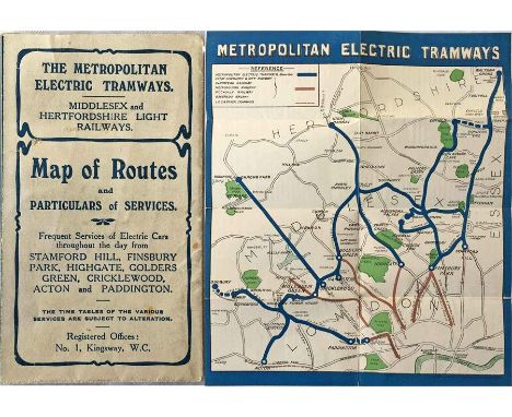 c1910 Metropolitan Electric Tramways, Middlesex and Hertfordshire Light Railways small, pocket-sized MAP OF ROUTES and Partic