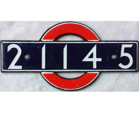 1949 (1938) London Underground enamel STOCK-NUMBER PLATE from R38-Stock driving motor car 21145 which was converted from a Q3