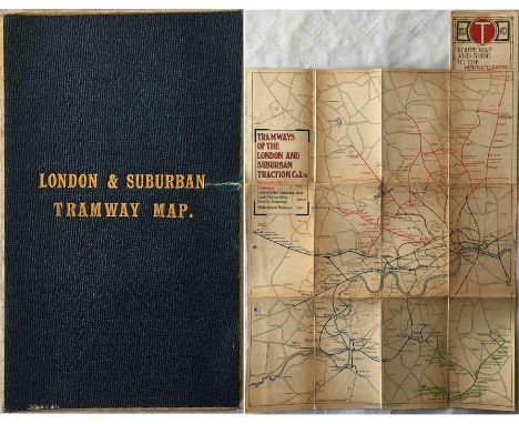 c1914 London & Suburban Tramways MAP, linen-backed inside leathercloth cover with gold-leaf title. Shows MET, LUT & SMET syst